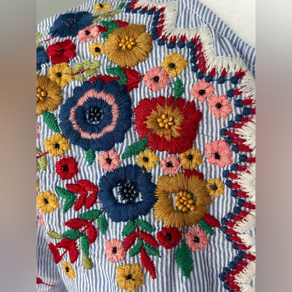 Zara Boho Striped Embroidered Peasant Top - Bell Sleeves & Crochet Lace - Picture 6 of 9